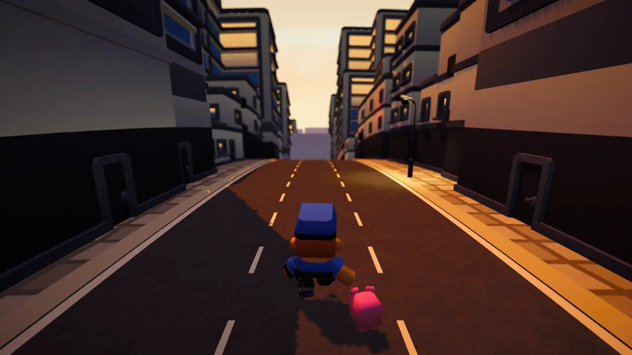 Downtown at dusk in Cash Dash: a canyon of lit office towers either side of the road, the tycoon and his pet running toward the last of the light