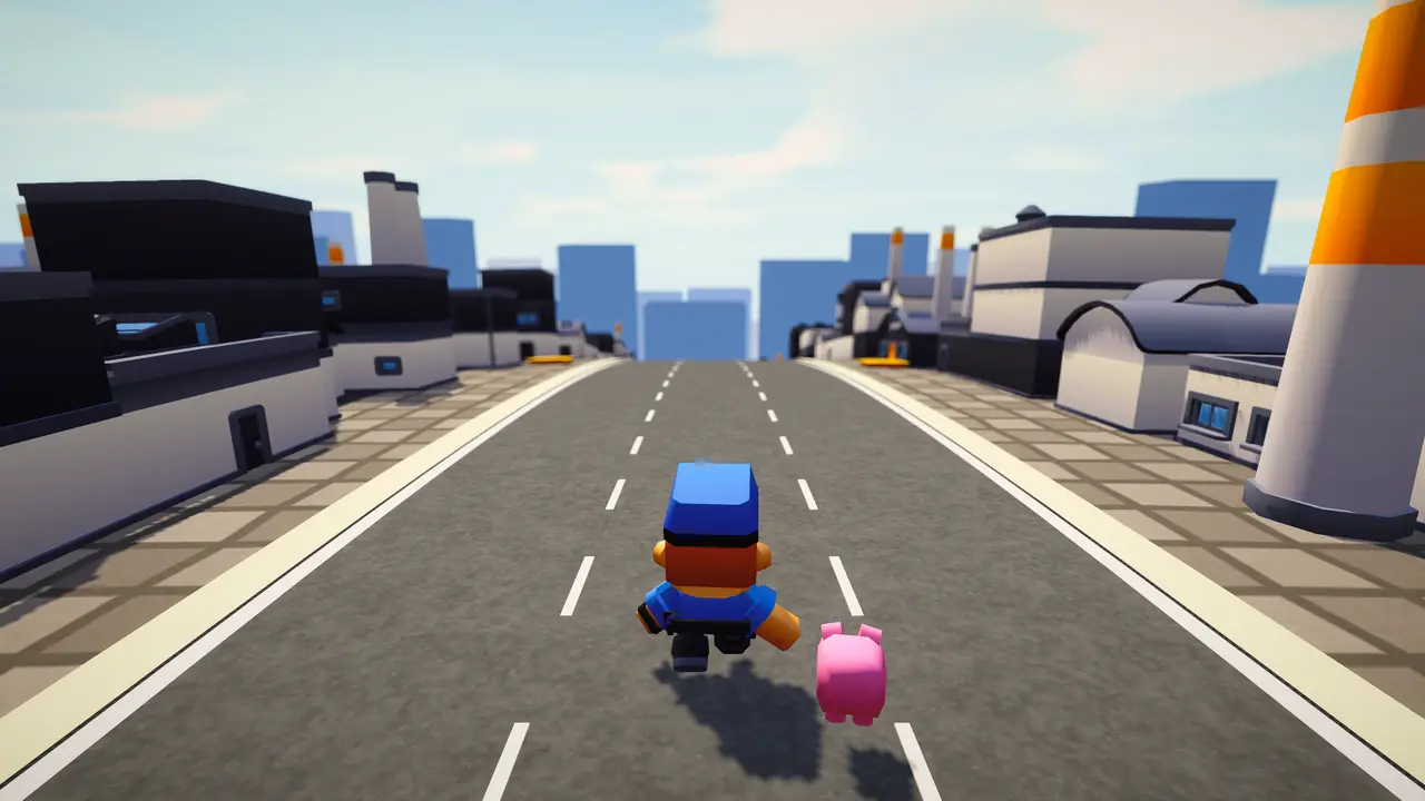 The Cash Dash industrial district: low warehouses and a striped smokestack flanking the road as the tycoon runs past