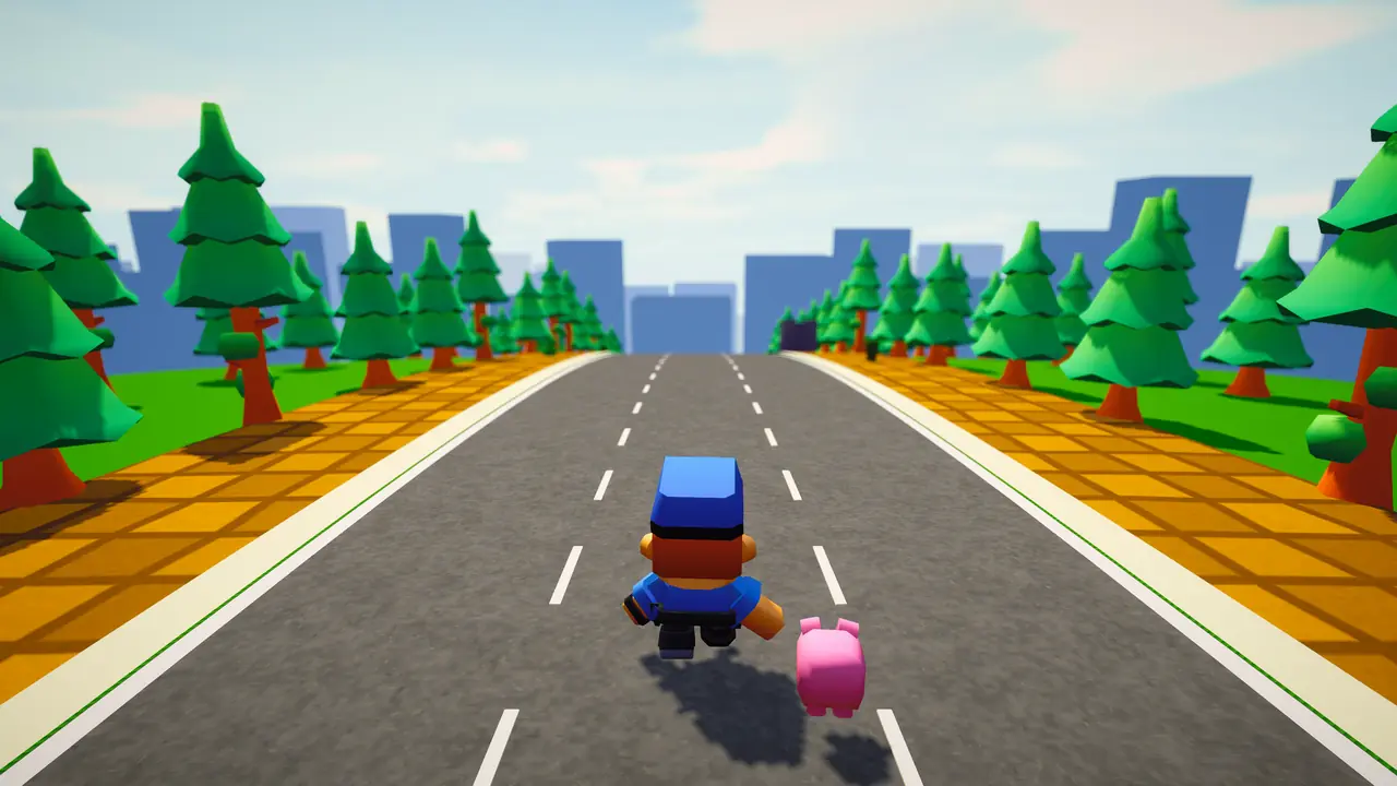 The Cash Dash park district: ranks of pine trees and gold verges either side of a long straight road, the tycoon and his pet running its length