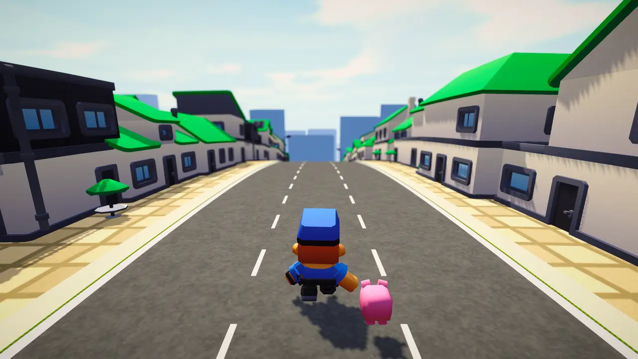 The Cash Dash suburbs: a wide daylight street between white houses with bright green roofs, the tycoon and his piggy-bank pet running down the centre line